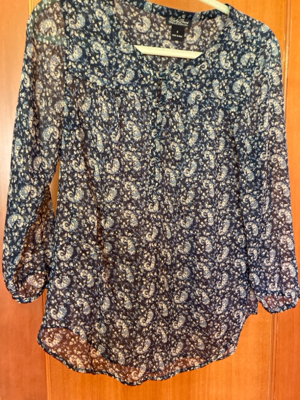 Lucky Brand Navy Floral Paisley Sheer Blouse 3/4 Sleeves Size S